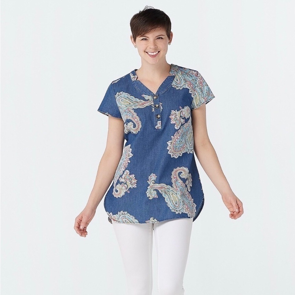 NWT Denim & Co. Printed Denim Notch Collar Cap Sleeve Tunic